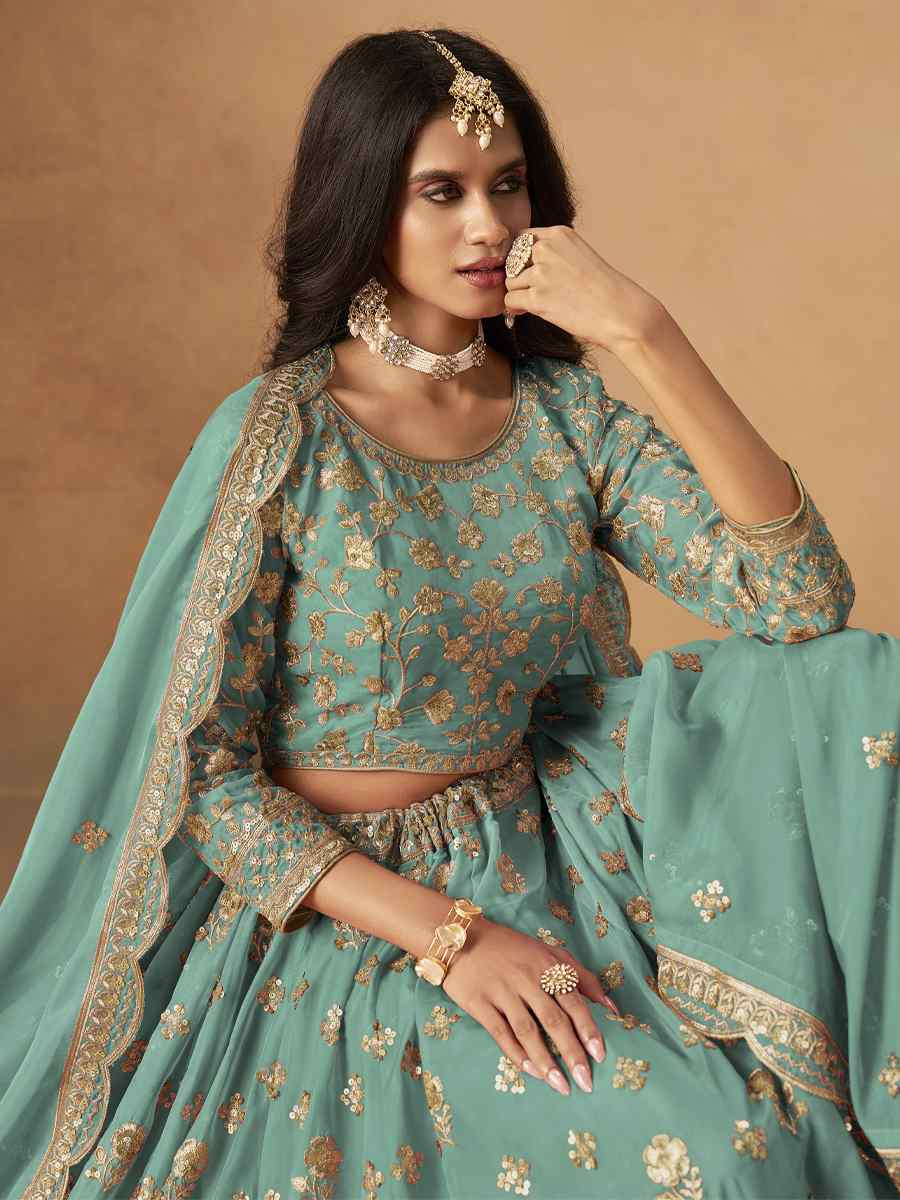Mint Green Organza Embroidered Bridal Wedding Reception Festival Heavy Border Lehenga Choli