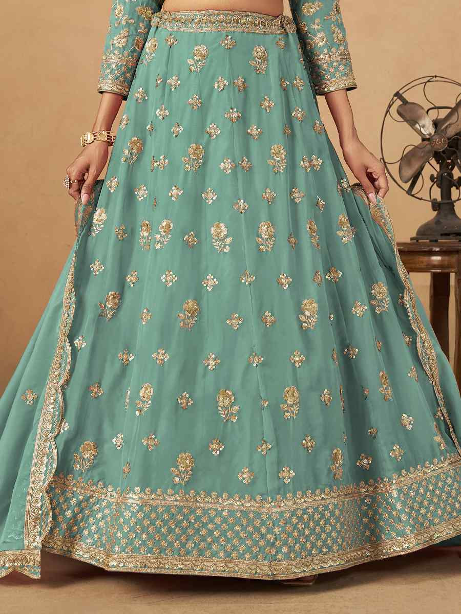 Mint Green Organza Embroidered Bridal Wedding Reception Festival Heavy Border Lehenga Choli
