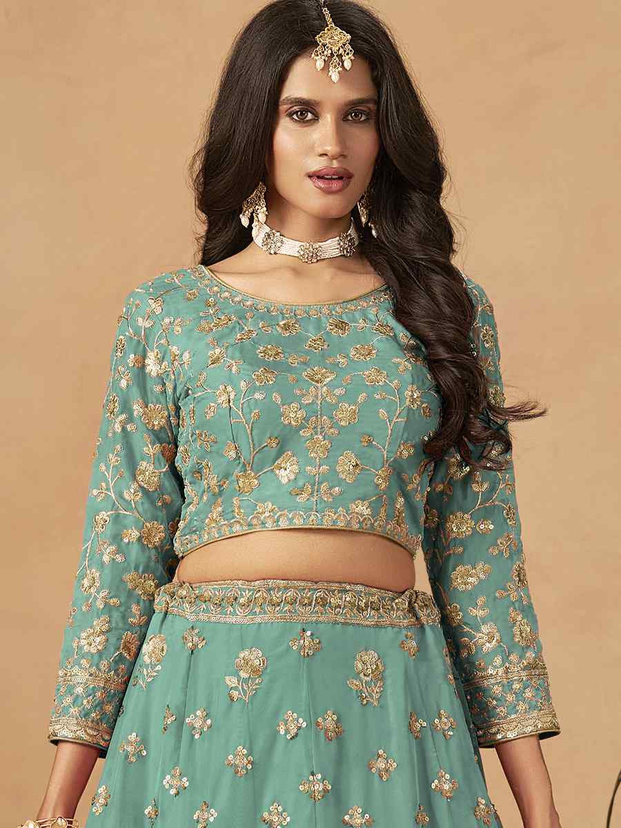 Mint Green Organza Embroidered Bridal Wedding Reception Festival Heavy Border Lehenga Choli