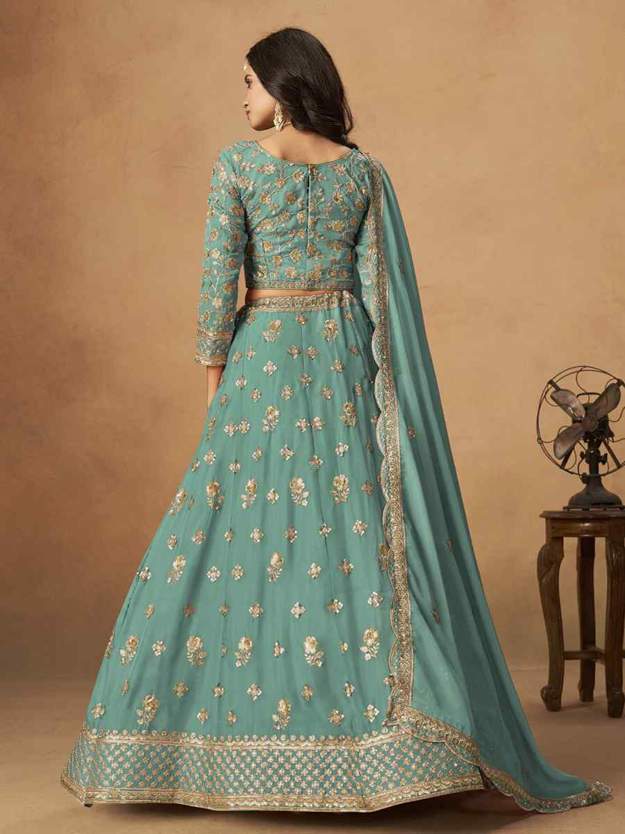 Mint Green Organza Embroidered Bridal Wedding Reception Festival Heavy Border Lehenga Choli