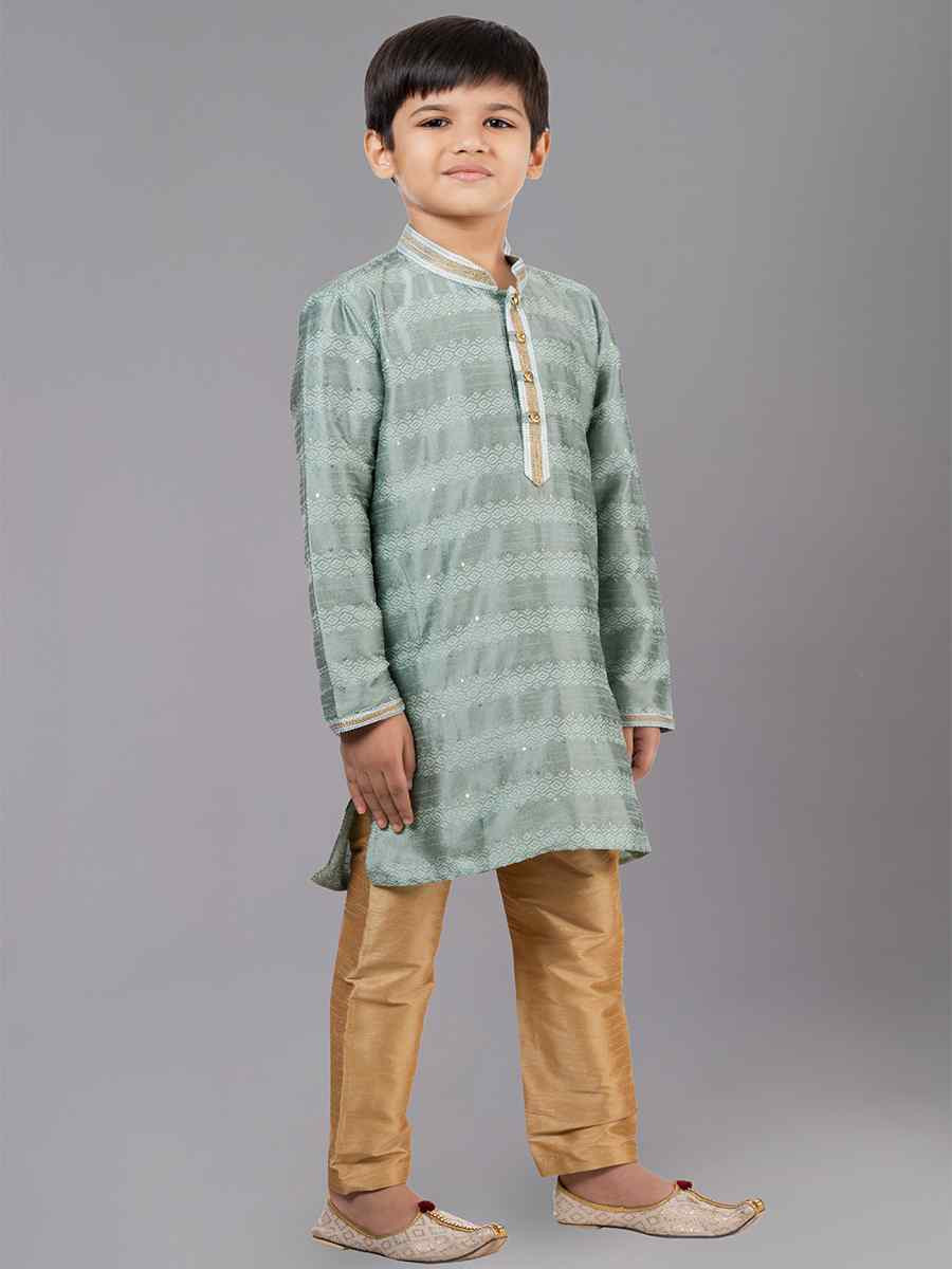 Mint Green Polyester Cotton Embroidered Festival Traditional Kurta Pyjama Boys Wear