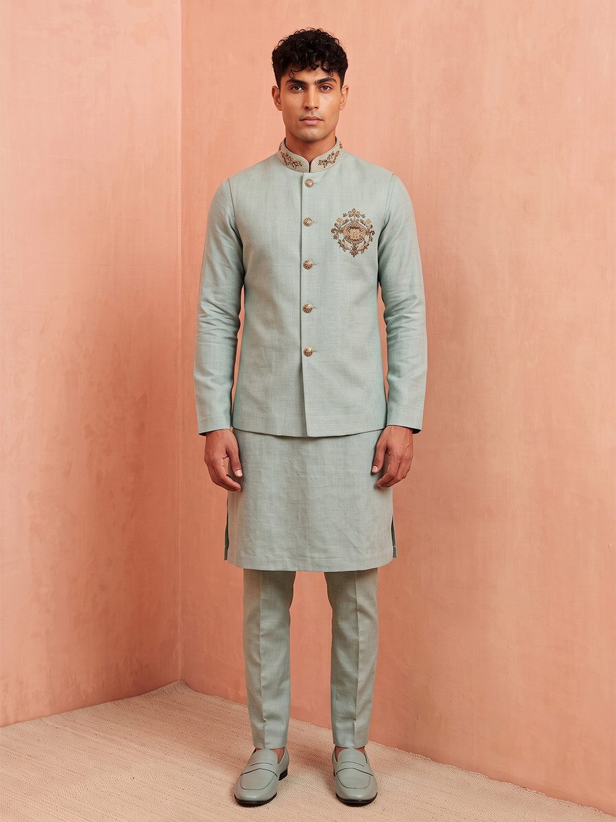 Mint Green Premium Linen Embroidery Festival Wedding Party Mens Kurta with Jacket