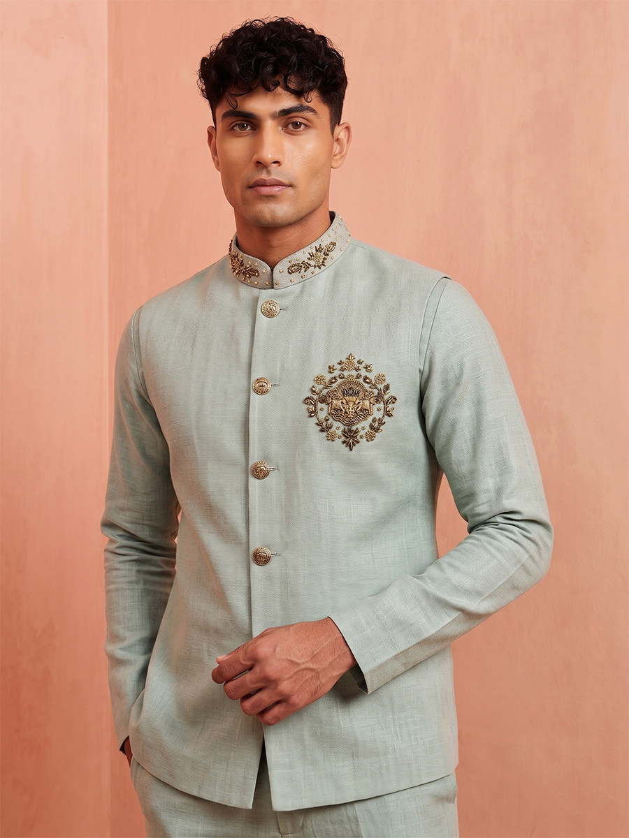 Mint Green Premium Linen Embroidery Festival Wedding Party Mens Kurta with Jacket