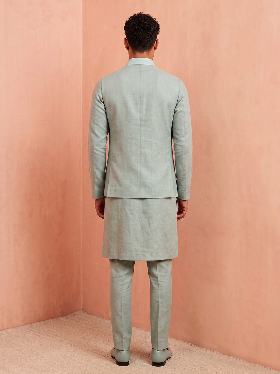 Mint Green Premium Linen Embroidery Festival Wedding Party Mens Kurta with Jacket