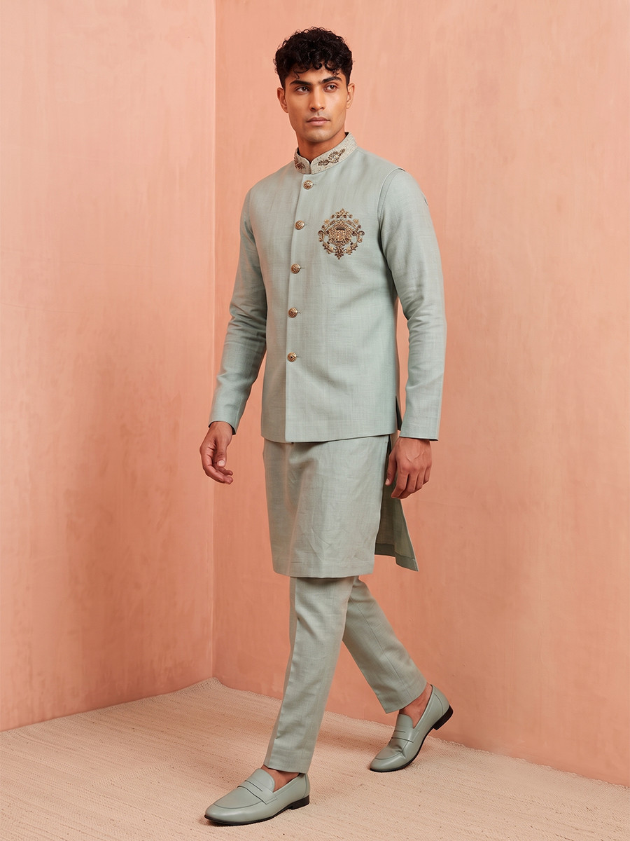Mint Green Premium Linen Embroidery Festival Wedding Party Mens Kurta with Jacket