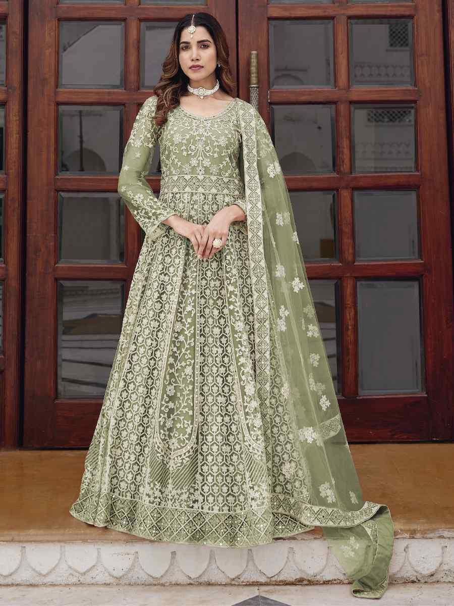 Mint Green Pure Butterfly Nett Embroidered Festival Casual Wedding Gown Women Wear