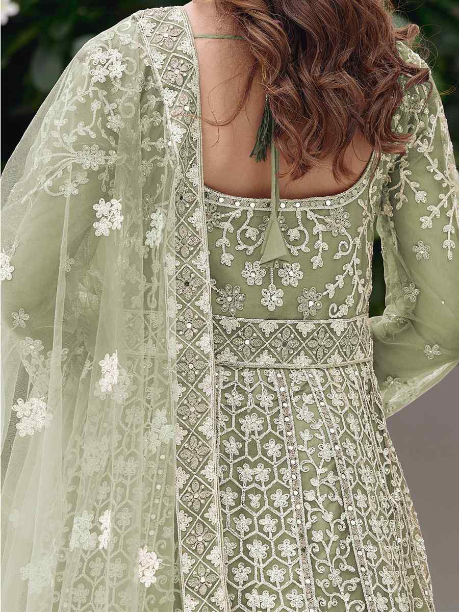 Mint Green Pure Butterfly Nett Embroidered Festival Casual Wedding Gown Women Wear