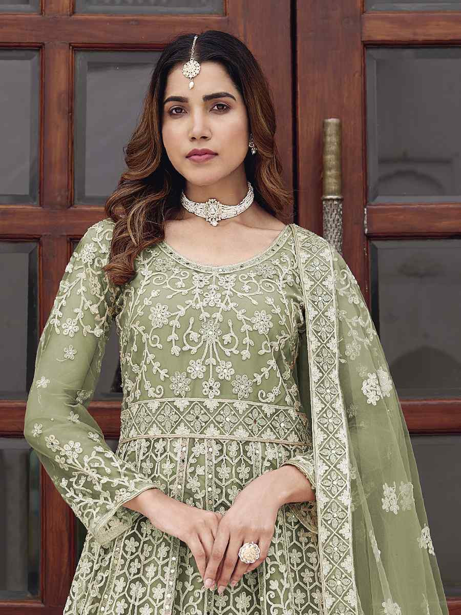 Mint Green Pure Butterfly Nett Embroidered Festival Casual Wedding Gown Women Wear