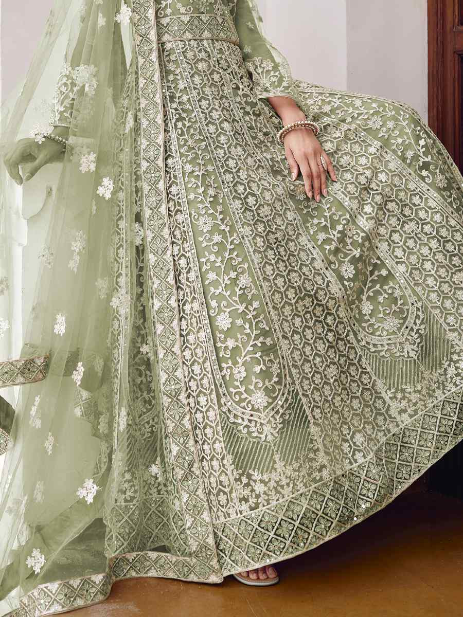 Mint Green Pure Butterfly Nett Embroidered Festival Casual Wedding Gown Women Wear