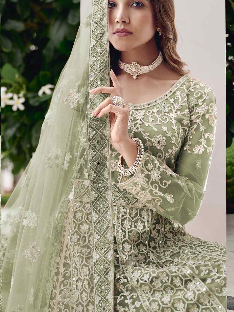 Mint Green Pure Butterfly Nett Embroidered Festival Casual Wedding Gown Women Wear