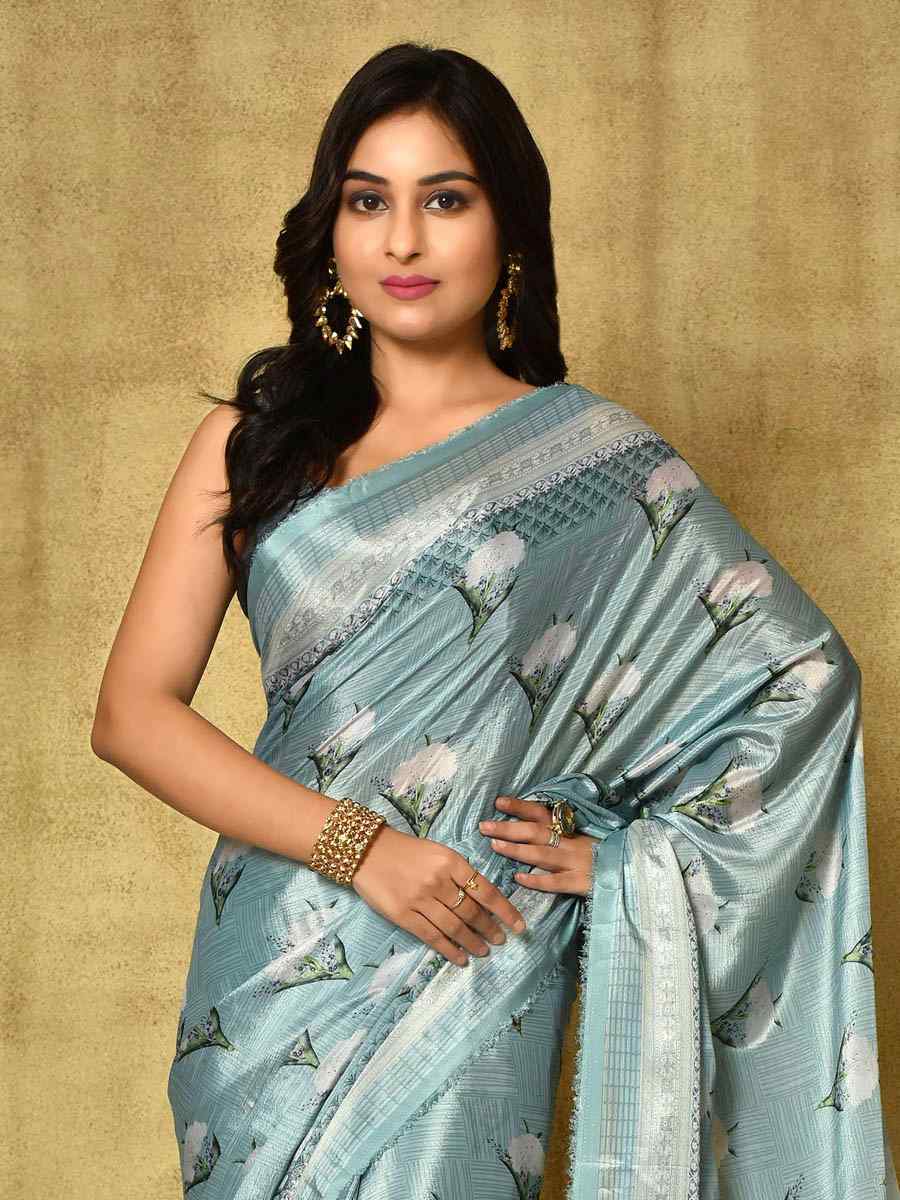 Mint green Pure Chinon Printed Party Festival Contemporary Saree