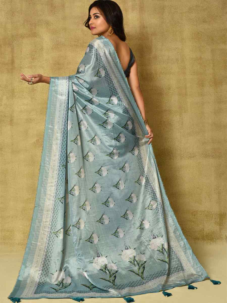 Mint green Pure Chinon Printed Party Festival Contemporary Saree