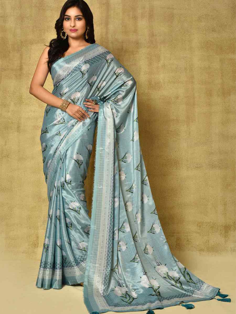 Mint green Pure Chinon Printed Party Festival Contemporary Saree