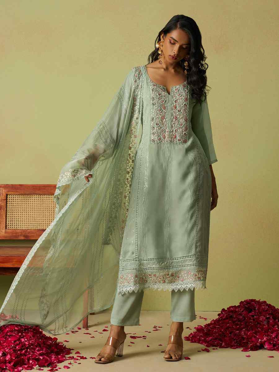 Mint Green Pure Organza Embroidered Mehendi Wedding Ready Pant Salwar Kameez