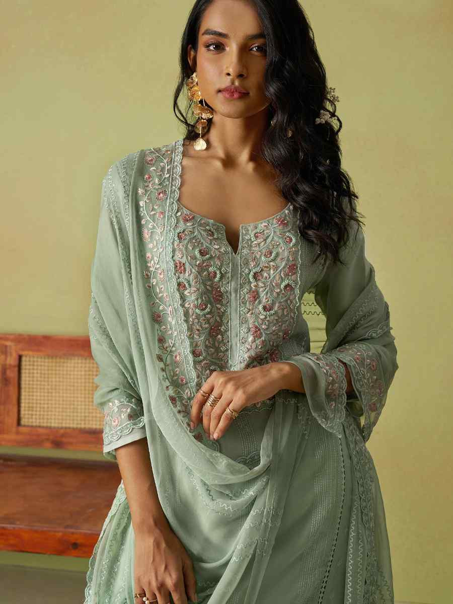 Mint Green Pure Organza Embroidered Mehendi Wedding Ready Pant Salwar Kameez