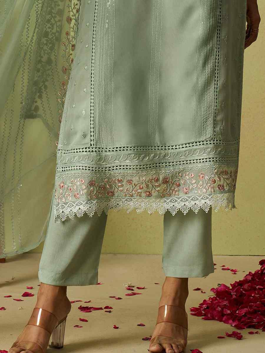 Mint Green Pure Organza Embroidered Mehendi Wedding Ready Pant Salwar Kameez