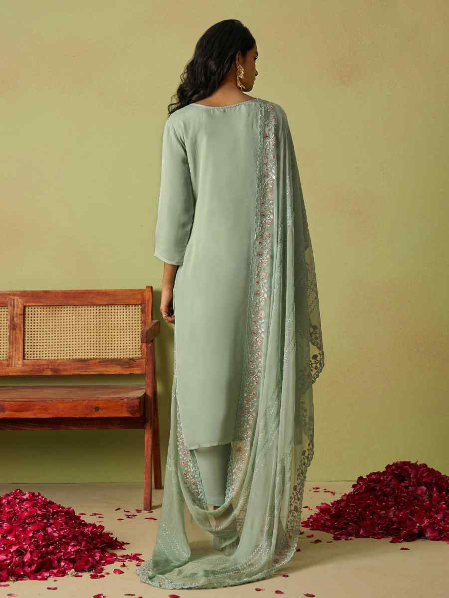Mint Green Pure Organza Embroidered Mehendi Wedding Ready Pant Salwar Kameez