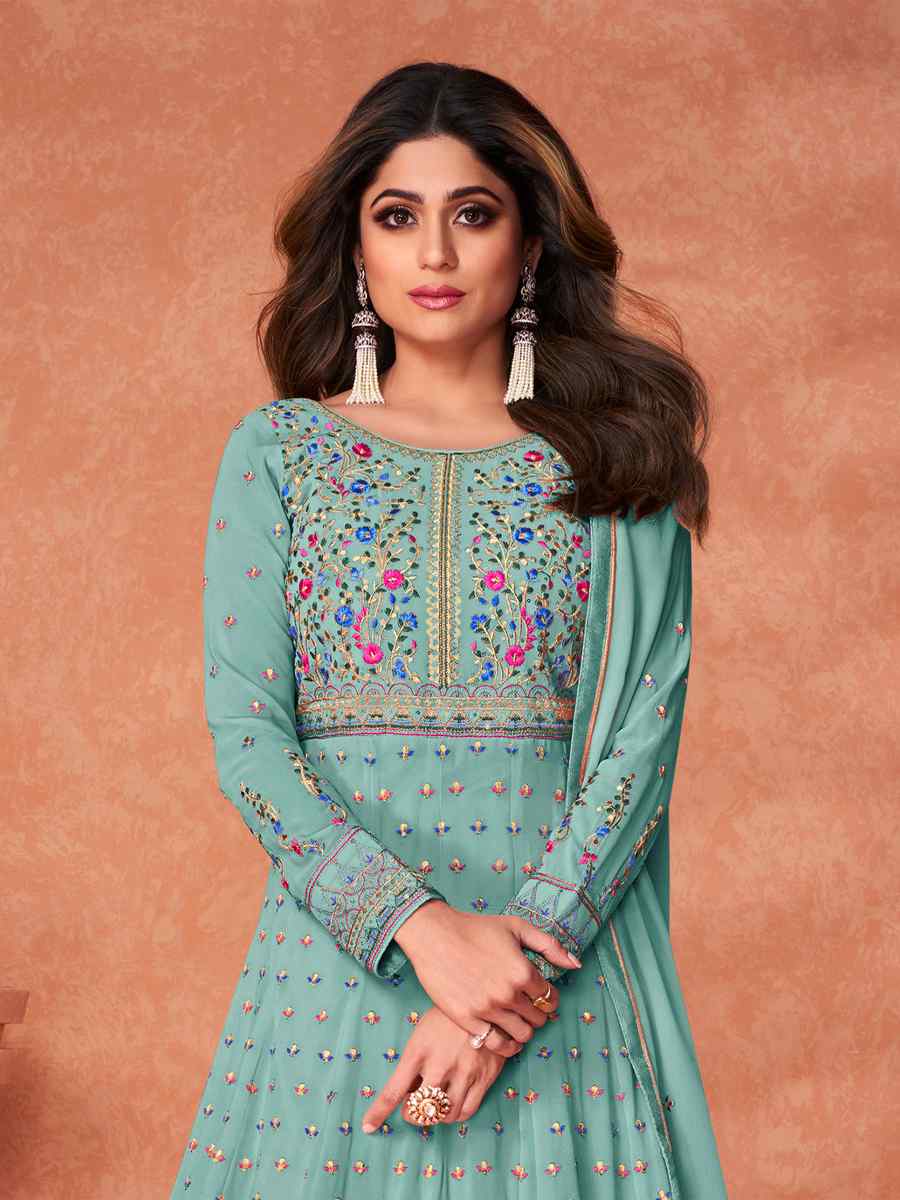 Mint Green Real Georgette Embroidered Party Festival Bollywood Style Anarkali Salwar Kameez