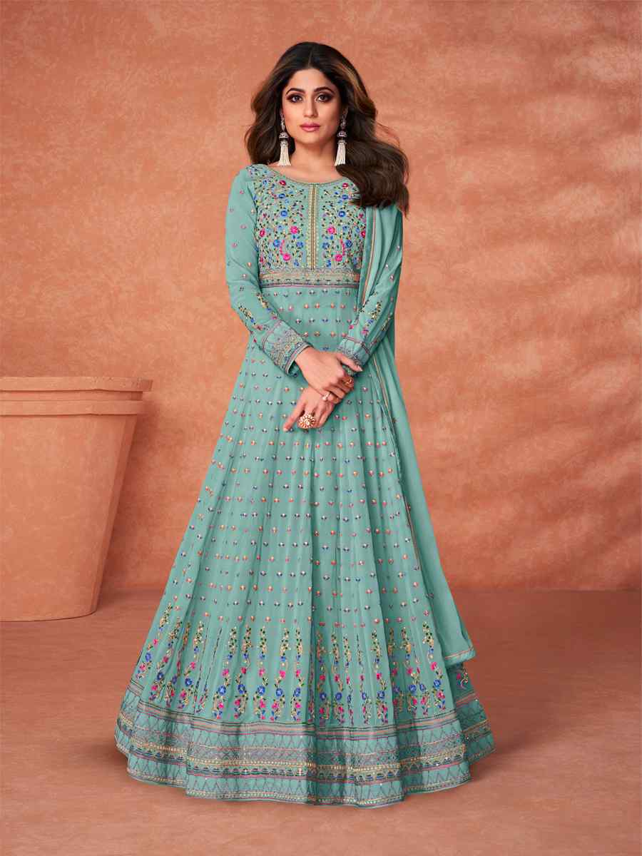 Mint Green Real Georgette Embroidered Party Festival Bollywood Style Anarkali Salwar Kameez