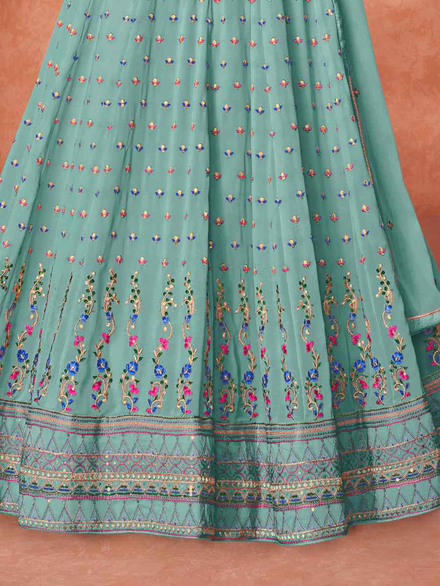 Mint Green Real Georgette Embroidered Party Festival Bollywood Style Anarkali Salwar Kameez