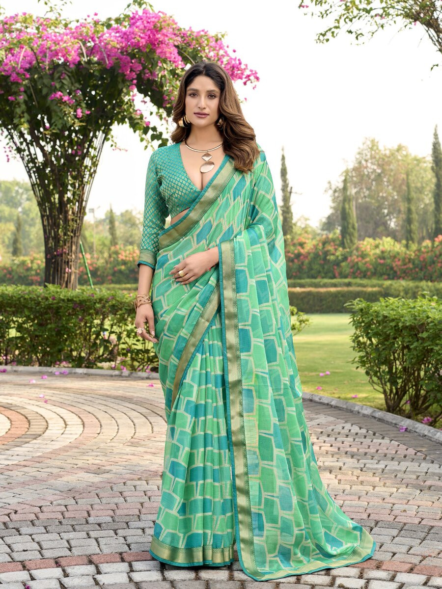 Mint Green Silk Printed Wedding Reception Party Festival Casual Heavy Border Sarees