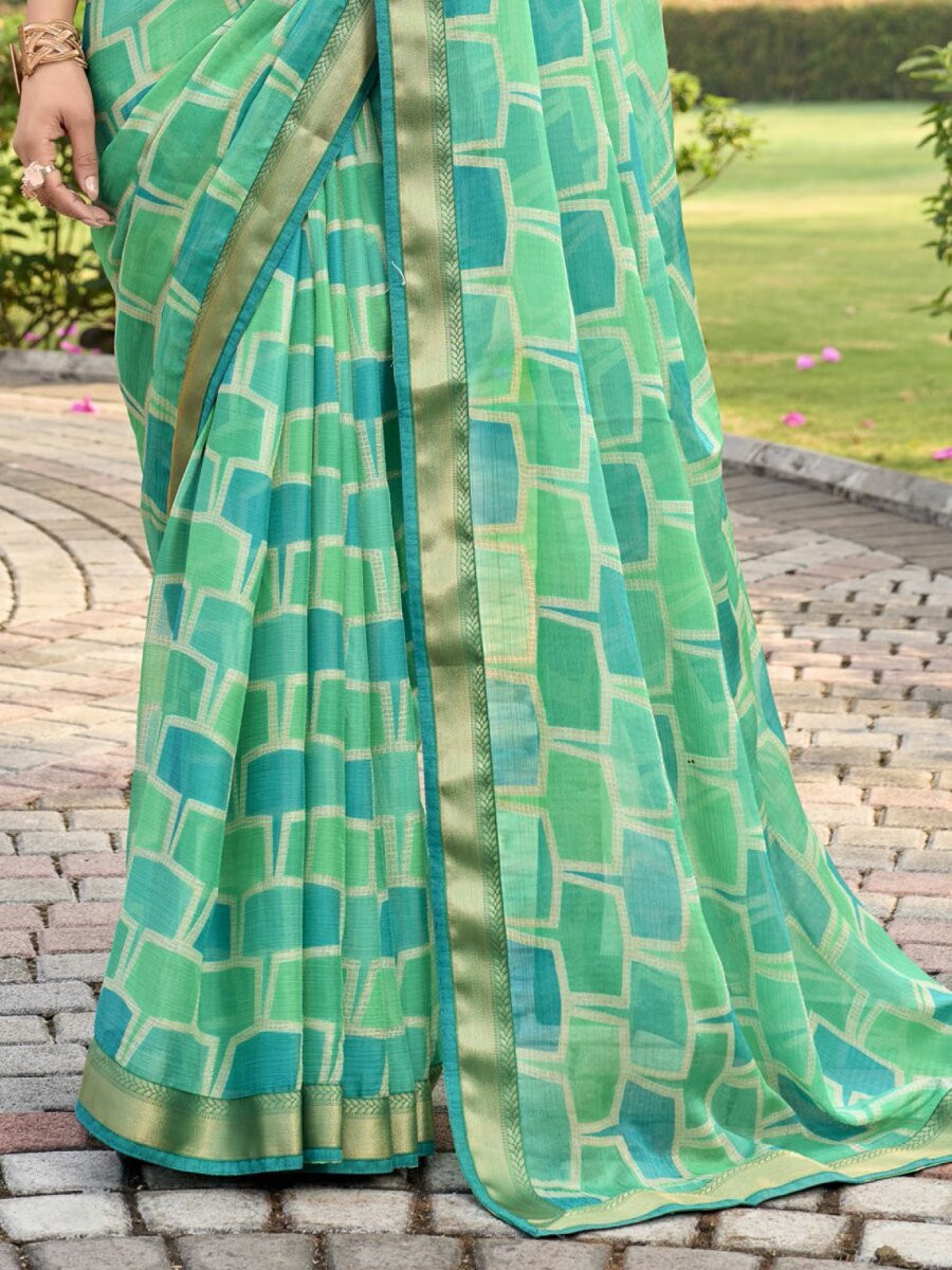 Mint Green Silk Printed Wedding Reception Party Festival Casual Heavy Border Sarees