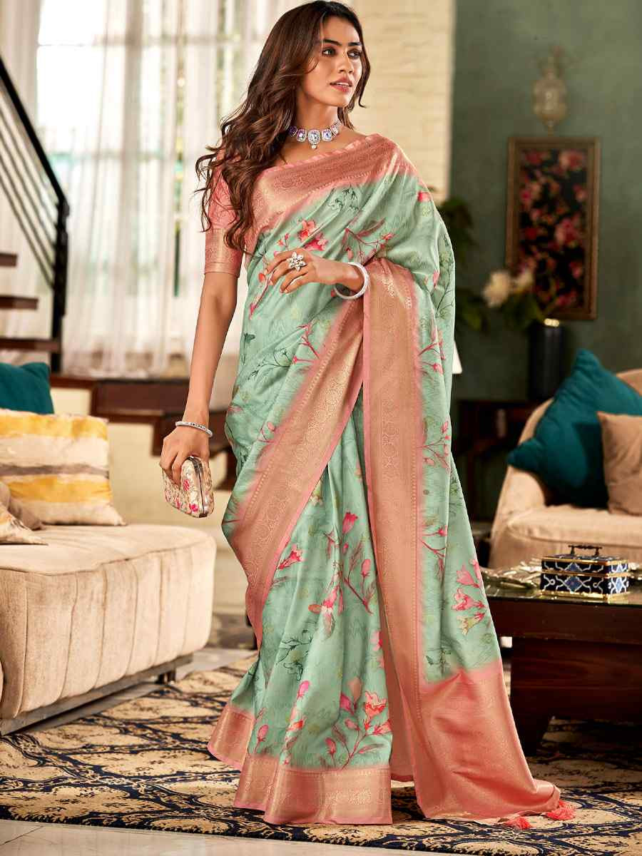 Mint Green Soft Silk Handwoven Festival Wedding Fancy Heavy Border Saree