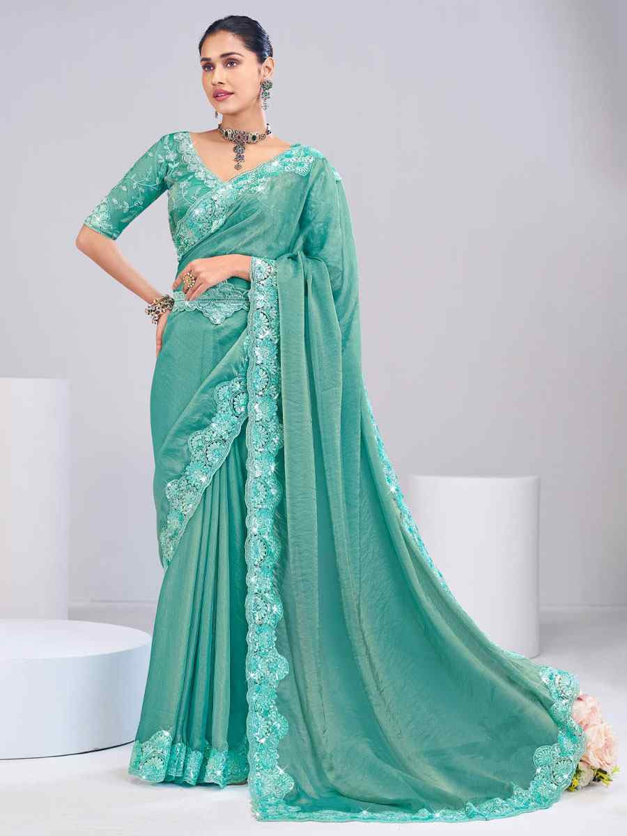 Mint Green Tissue Silk Embroidery Traditional Bridal Reception Festival Wedding Fancy Heavy Border Saree