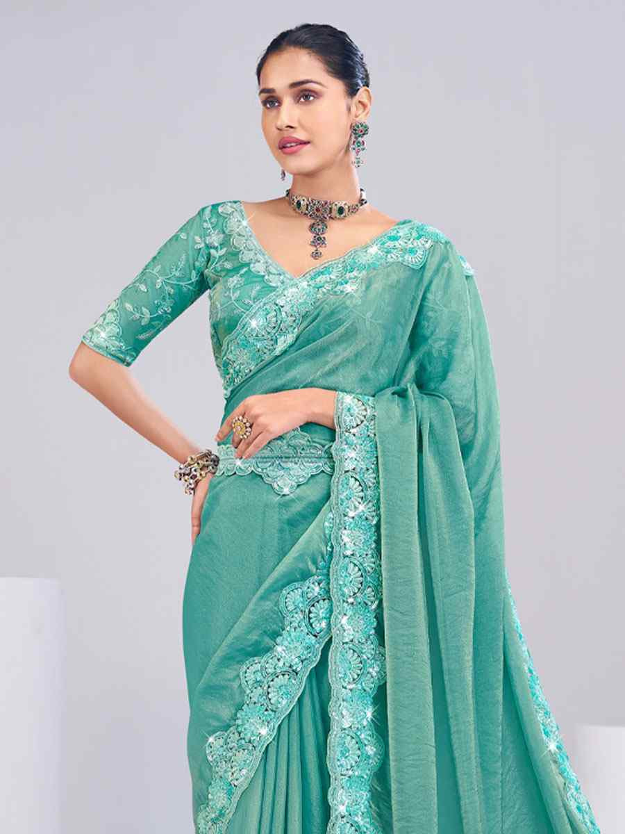 Mint Green Tissue Silk Embroidery Traditional Bridal Reception Festival Wedding Fancy Heavy Border Saree