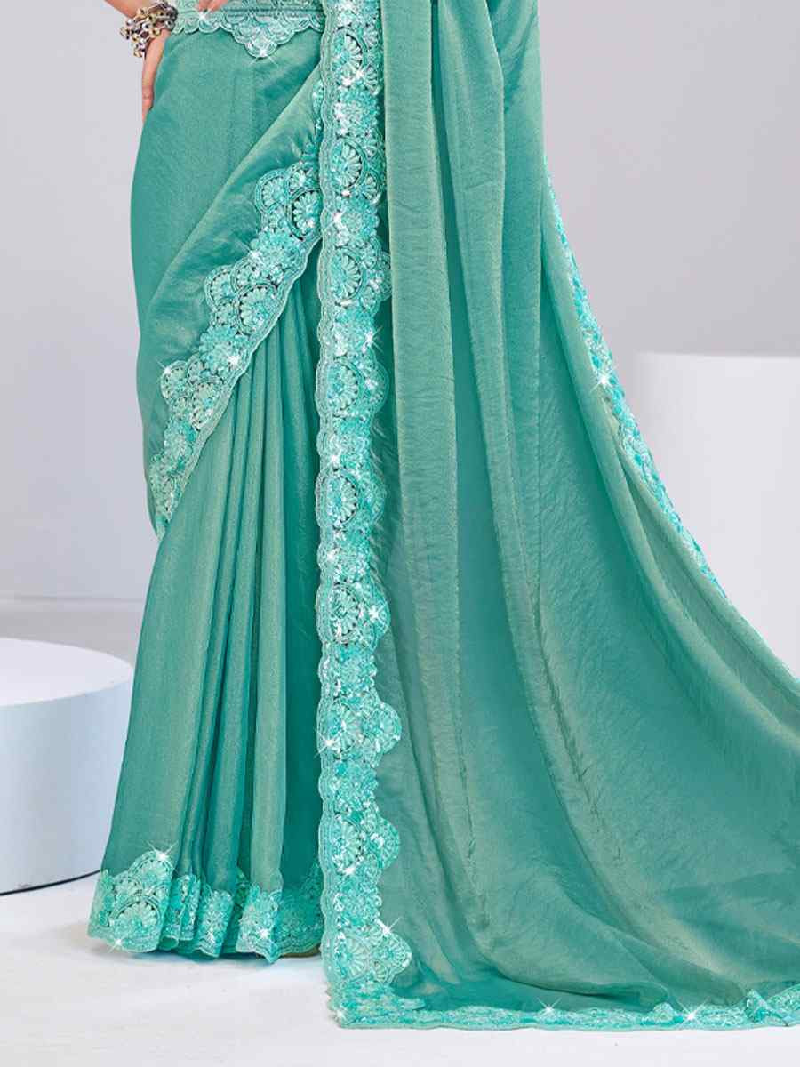 Mint Green Tissue Silk Embroidery Traditional Bridal Reception Festival Wedding Fancy Heavy Border Saree