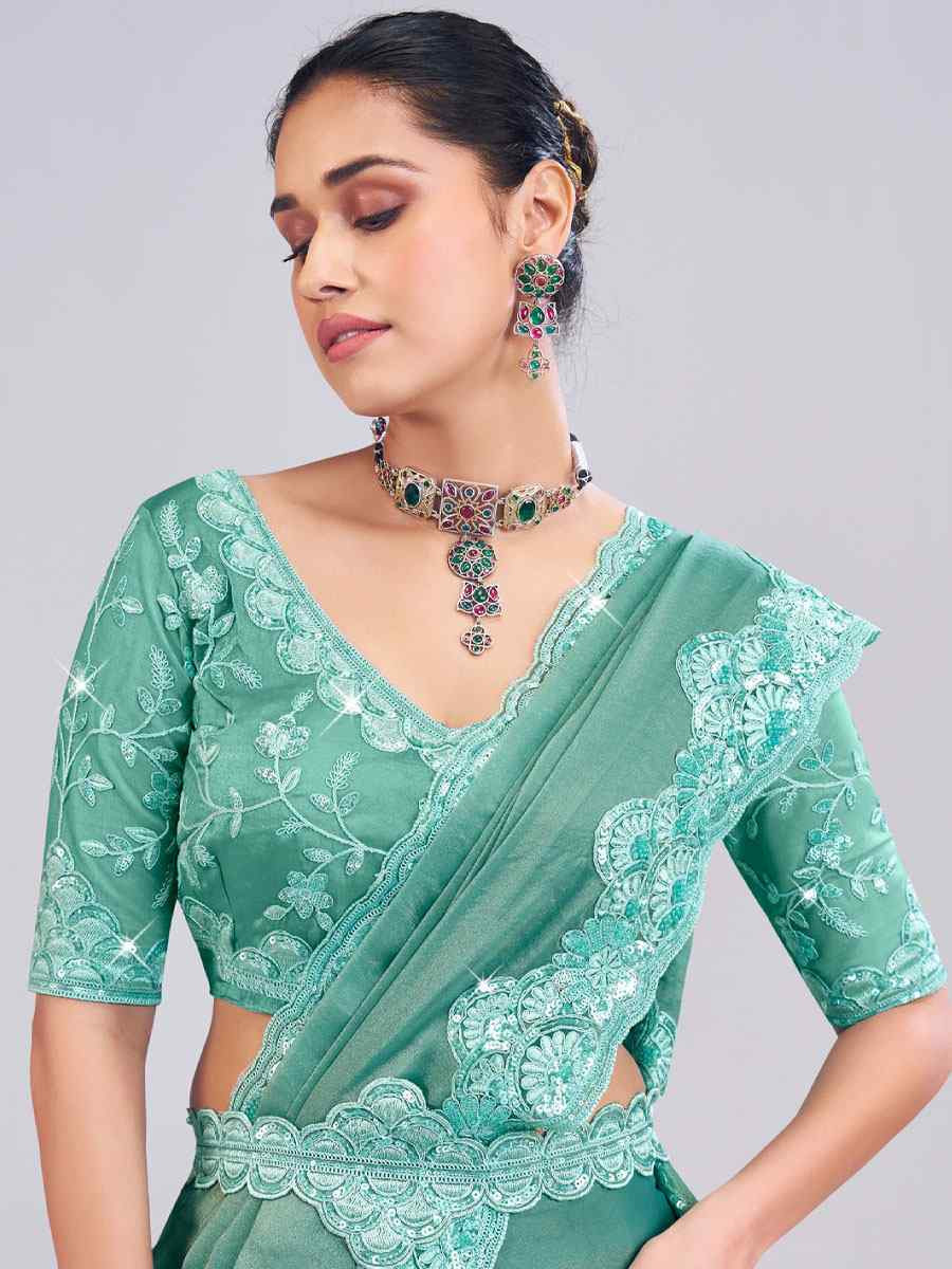 Mint Green Tissue Silk Embroidery Traditional Bridal Reception Festival Wedding Fancy Heavy Border Saree