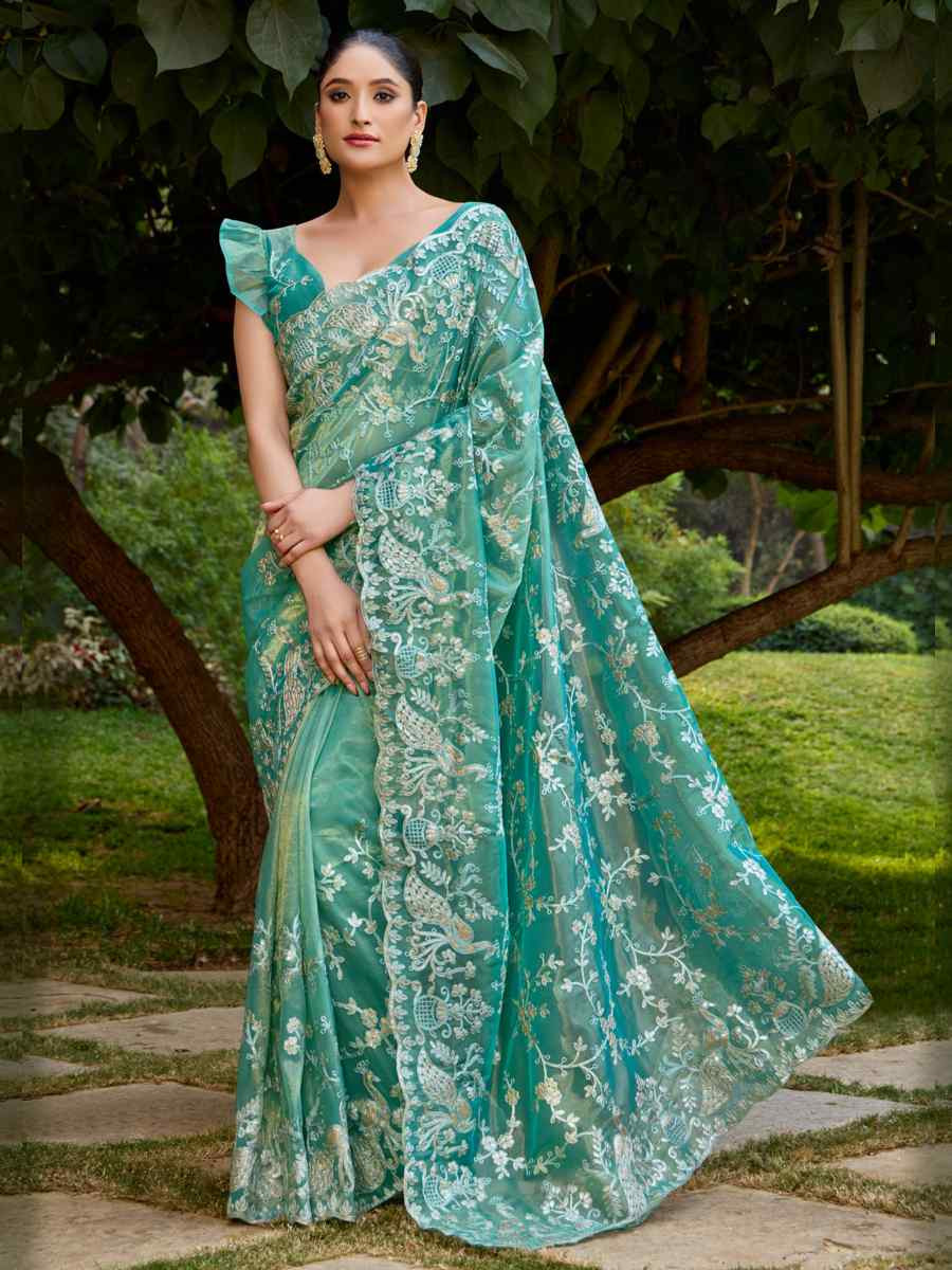 Mint Green Twill Net Embroidered Casual Festival Wedding Heavy Border Saree