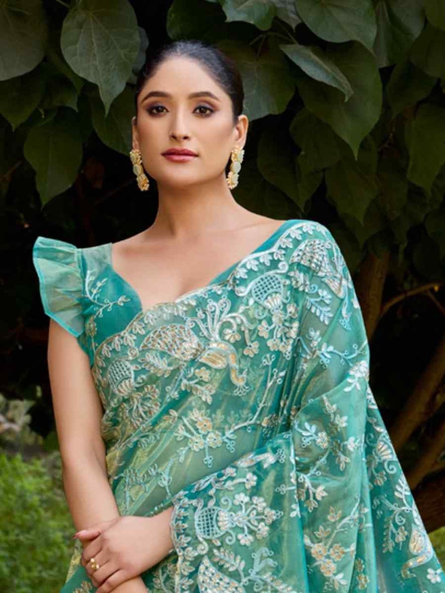 Mint Green Twill Net Embroidered Casual Festival Wedding Heavy Border Saree