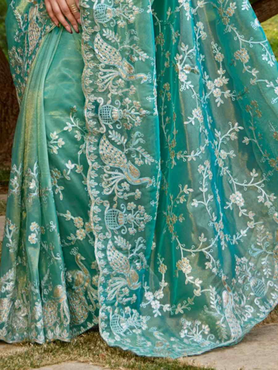 Mint Green Twill Net Embroidered Casual Festival Wedding Heavy Border Saree