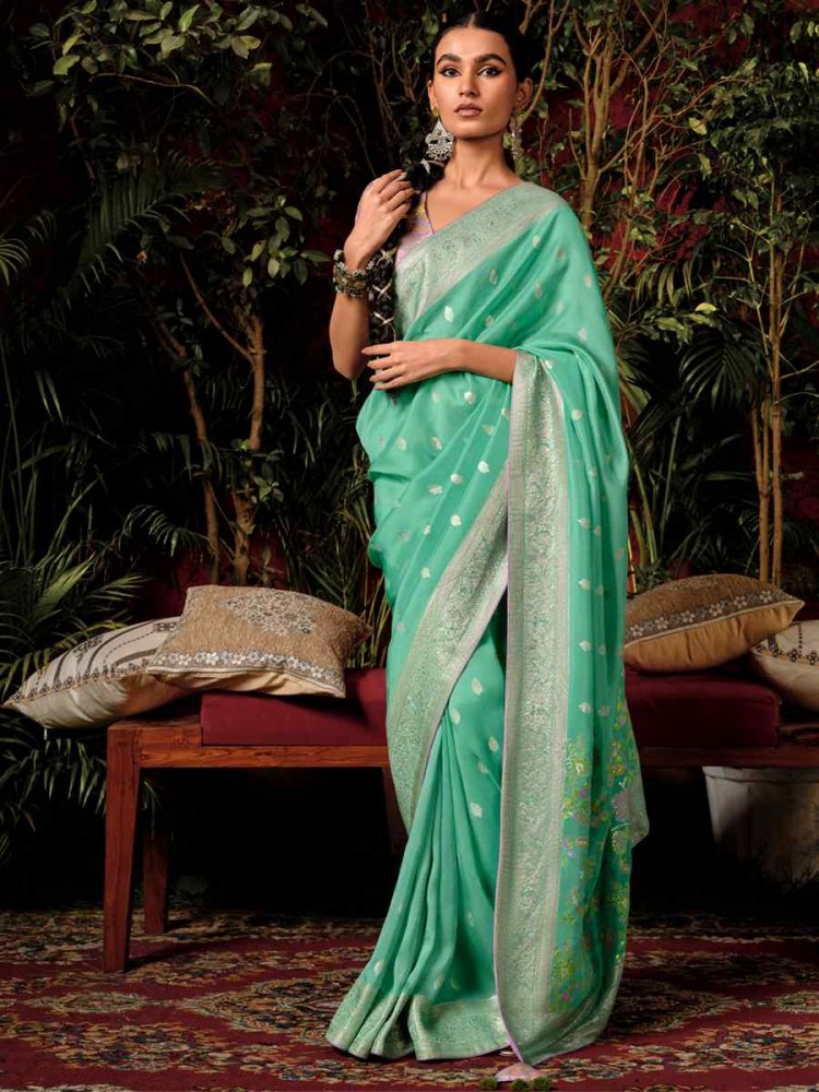 Mint Green Viscose Dola Handwoven Wedding Festival Heavy Border Saree