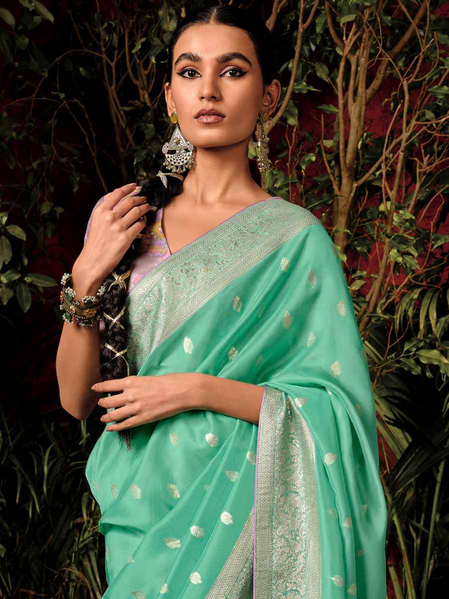 Mint Green Viscose Dola Handwoven Wedding Festival Heavy Border Saree