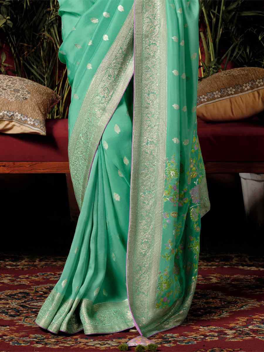 Mint Green Viscose Dola Handwoven Wedding Festival Heavy Border Saree