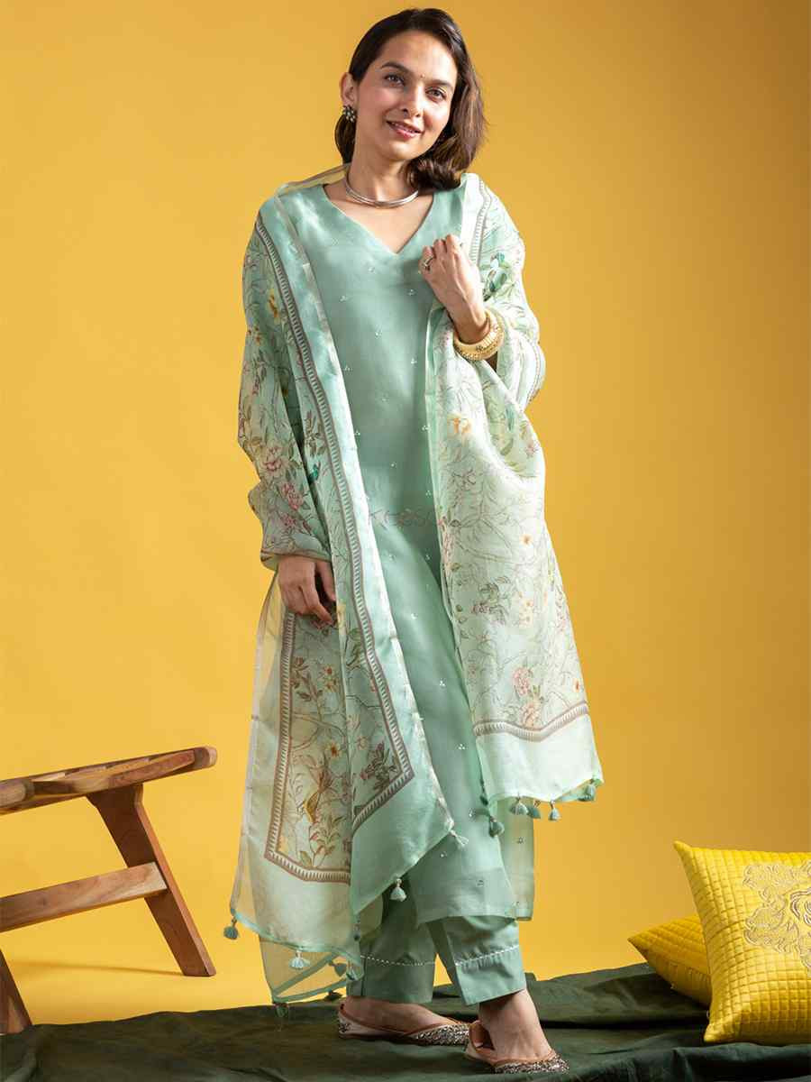 Mint Green Viscose Jacquard Embroidered Festival Casual Ready Pant Salwar Kameez