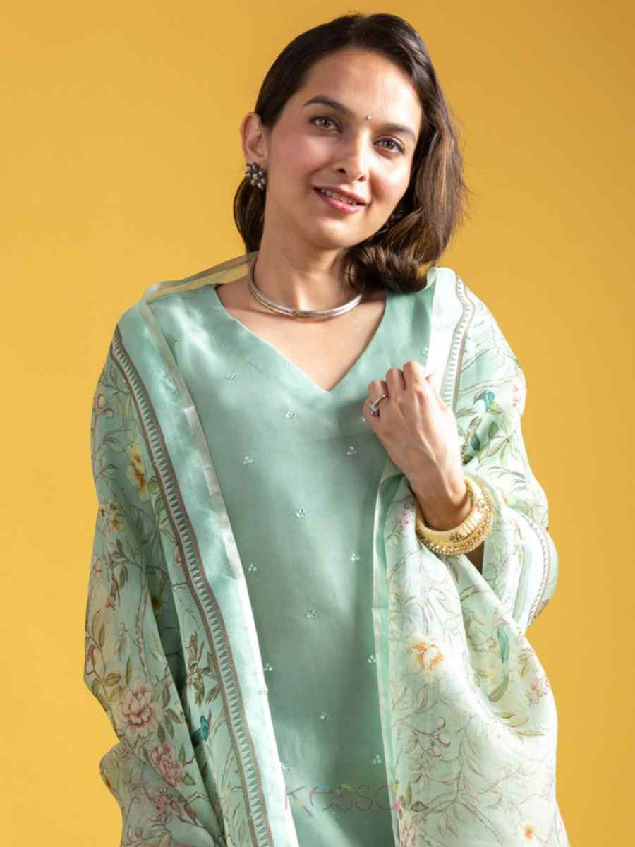 Mint Green Viscose Jacquard Embroidered Festival Casual Ready Pant Salwar Kameez
