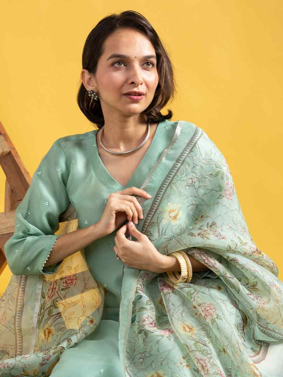 Mint Green Viscose Jacquard Embroidered Festival Casual Ready Pant Salwar Kameez