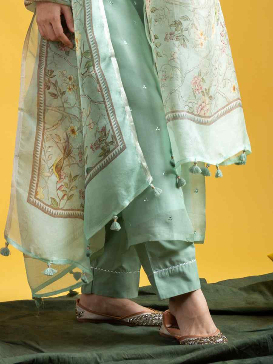 Mint Green Viscose Jacquard Embroidered Festival Casual Ready Pant Salwar Kameez