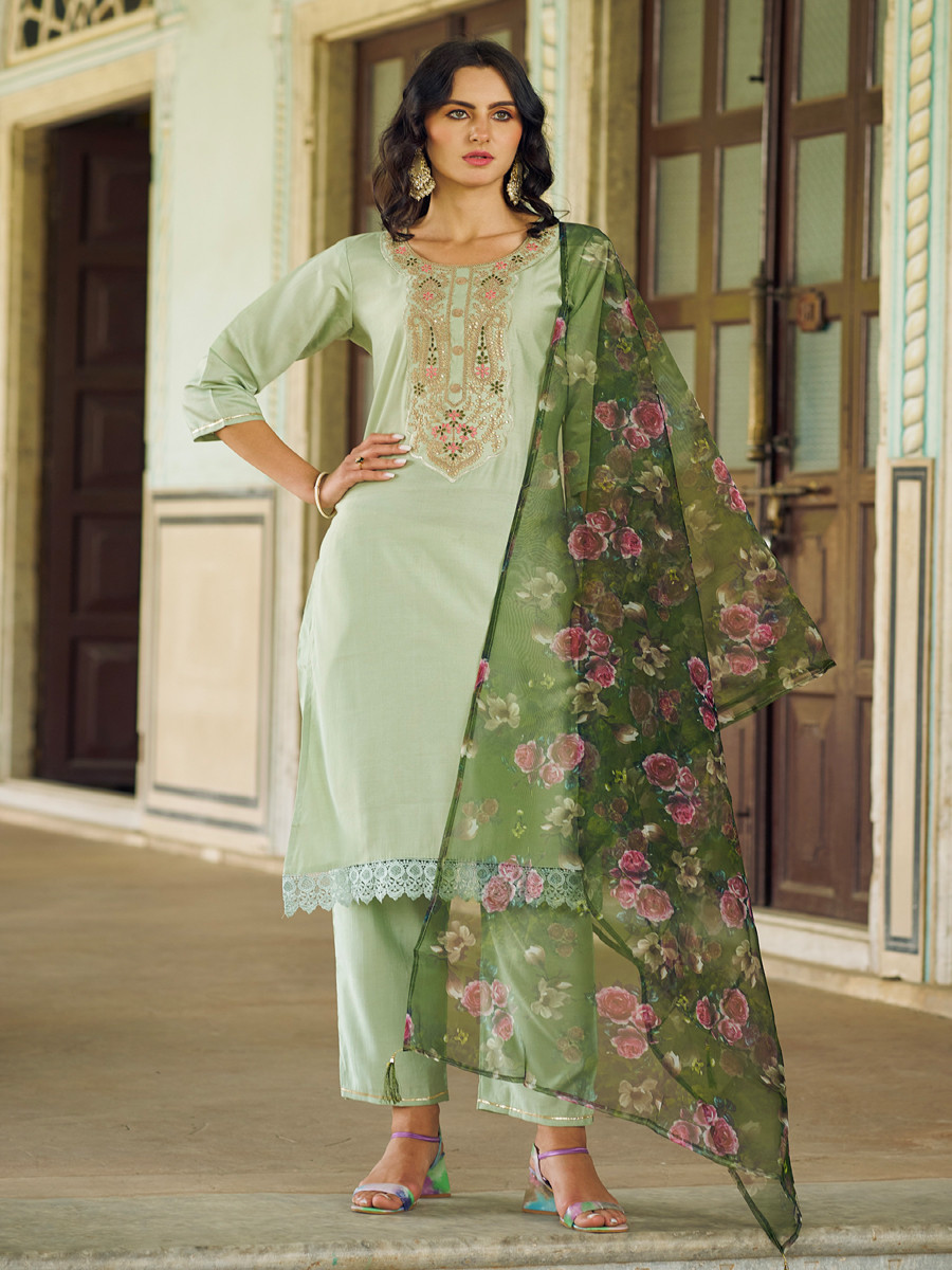 Mint Green Viscose Rayon Embroidery Sequins Wedding Party Festival Casual Ready Pant Salwar Kameez