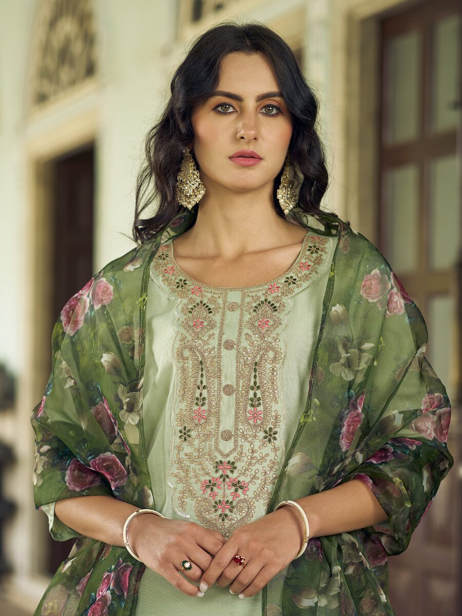 Mint Green Viscose Rayon Embroidery Sequins Wedding Party Festival Casual Ready Pant Salwar Kameez