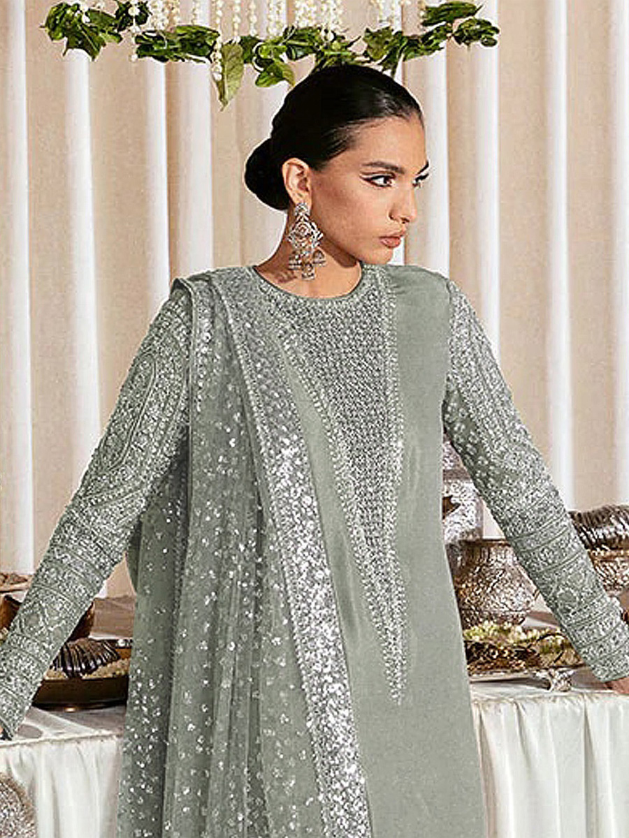 Mint Heavy Faux Georgette Embroidered Festival Party Pant Salwar Kameez