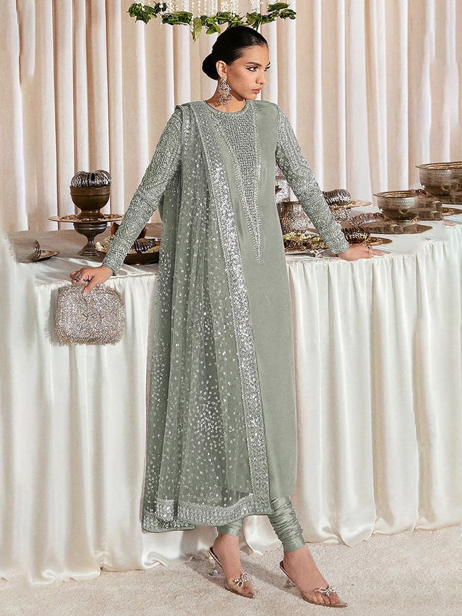 Mint Heavy Faux Georgette Embroidered Festival Party Pant Salwar Kameez