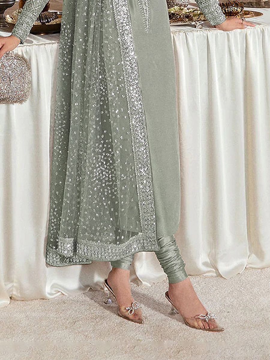 Mint Heavy Faux Georgette Embroidered Festival Party Pant Salwar Kameez