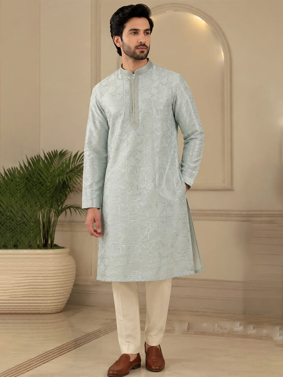 Mint Ice Blue Art Silk Embroidery Wedding Party Festival Casual Mens Wear Kurta