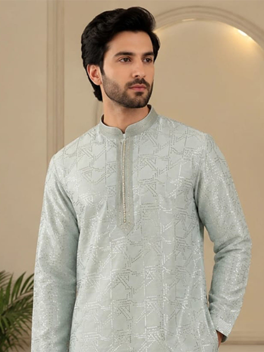 Mint Ice Blue Art Silk Embroidery Wedding Party Festival Casual Mens Wear Kurta