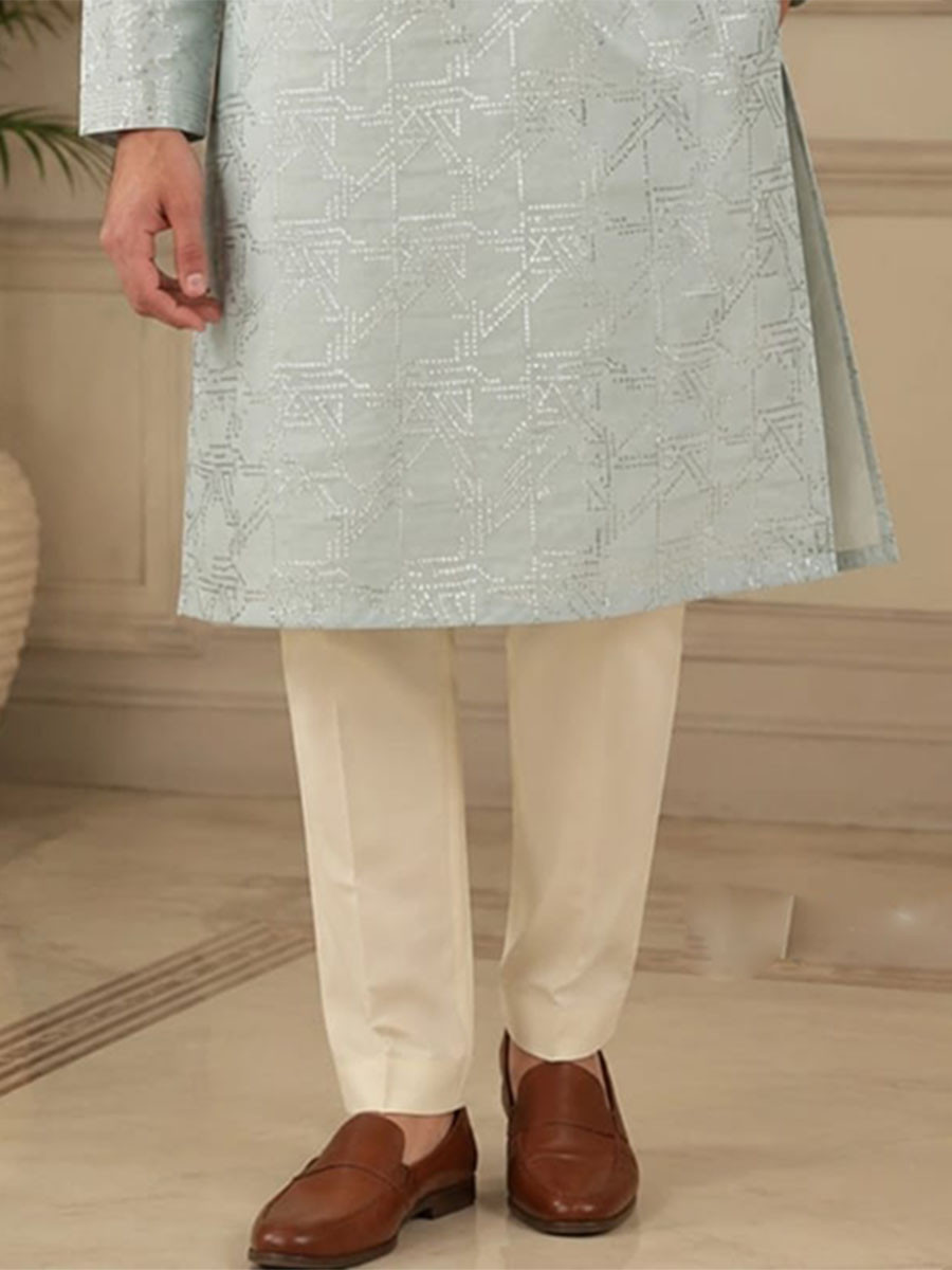 Mint Ice Blue Art Silk Embroidery Wedding Party Festival Casual Mens Wear Kurta