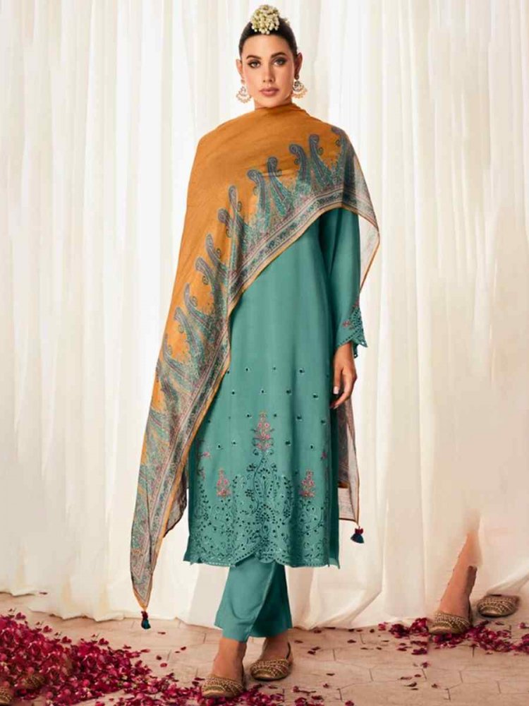 Mint Modal Silk Embroidered Festival Wedding Sharara Pant Salwar Kameez